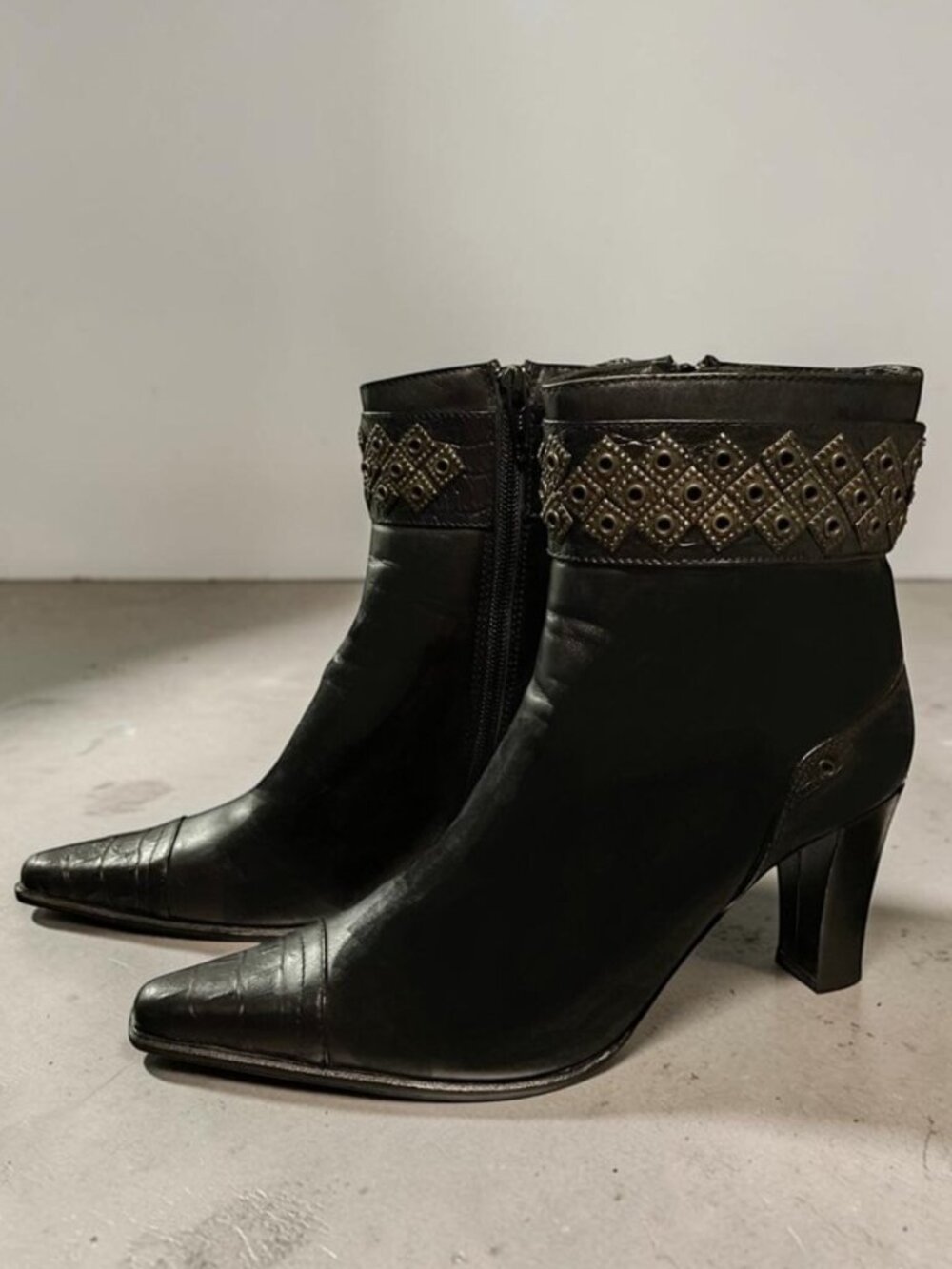 Saverio Di Ricco Leather Studded Croc‑Embossed Boots